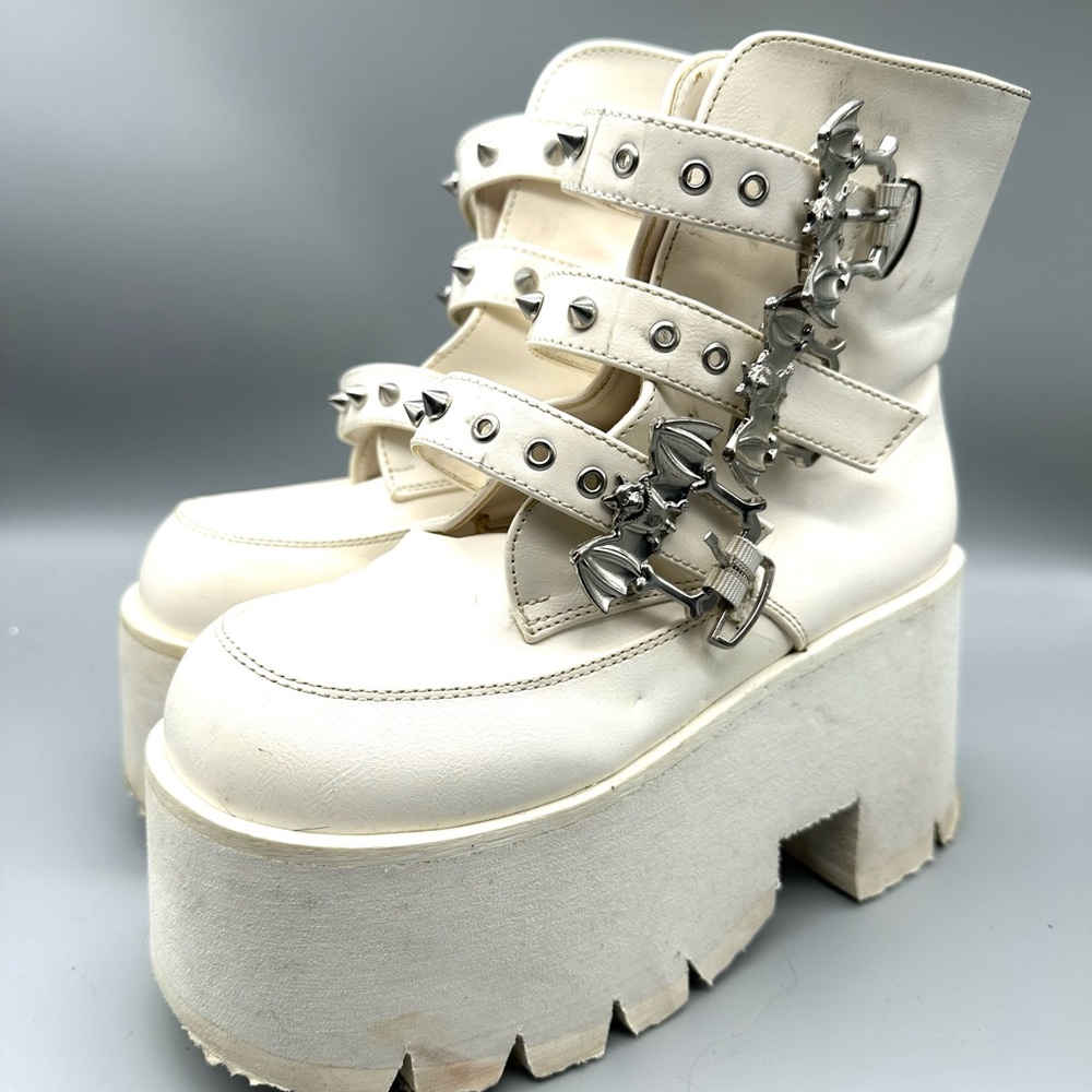 Demonia Cream Platform Buckle Boots